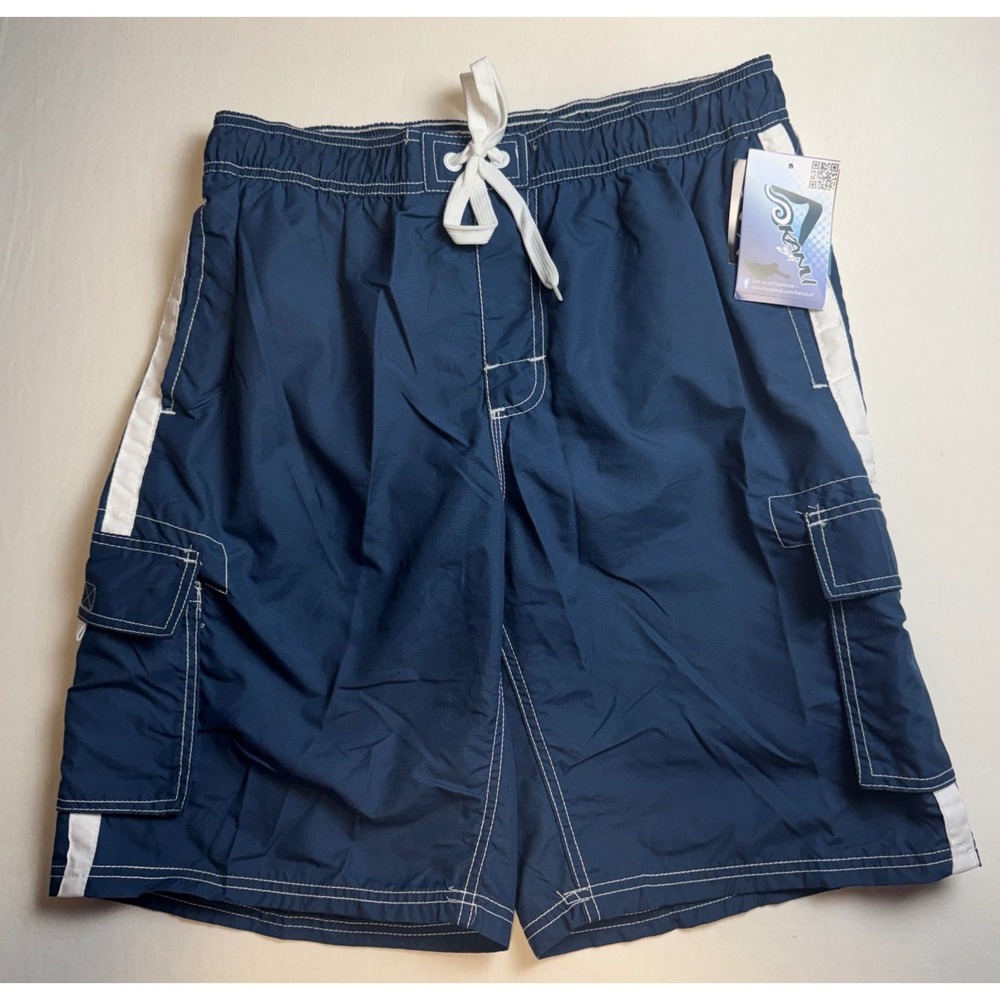 Kanu Surf Mens Barracuda Cargo Swim Trunks Navy Blue White Stripe 7064 L-2543
